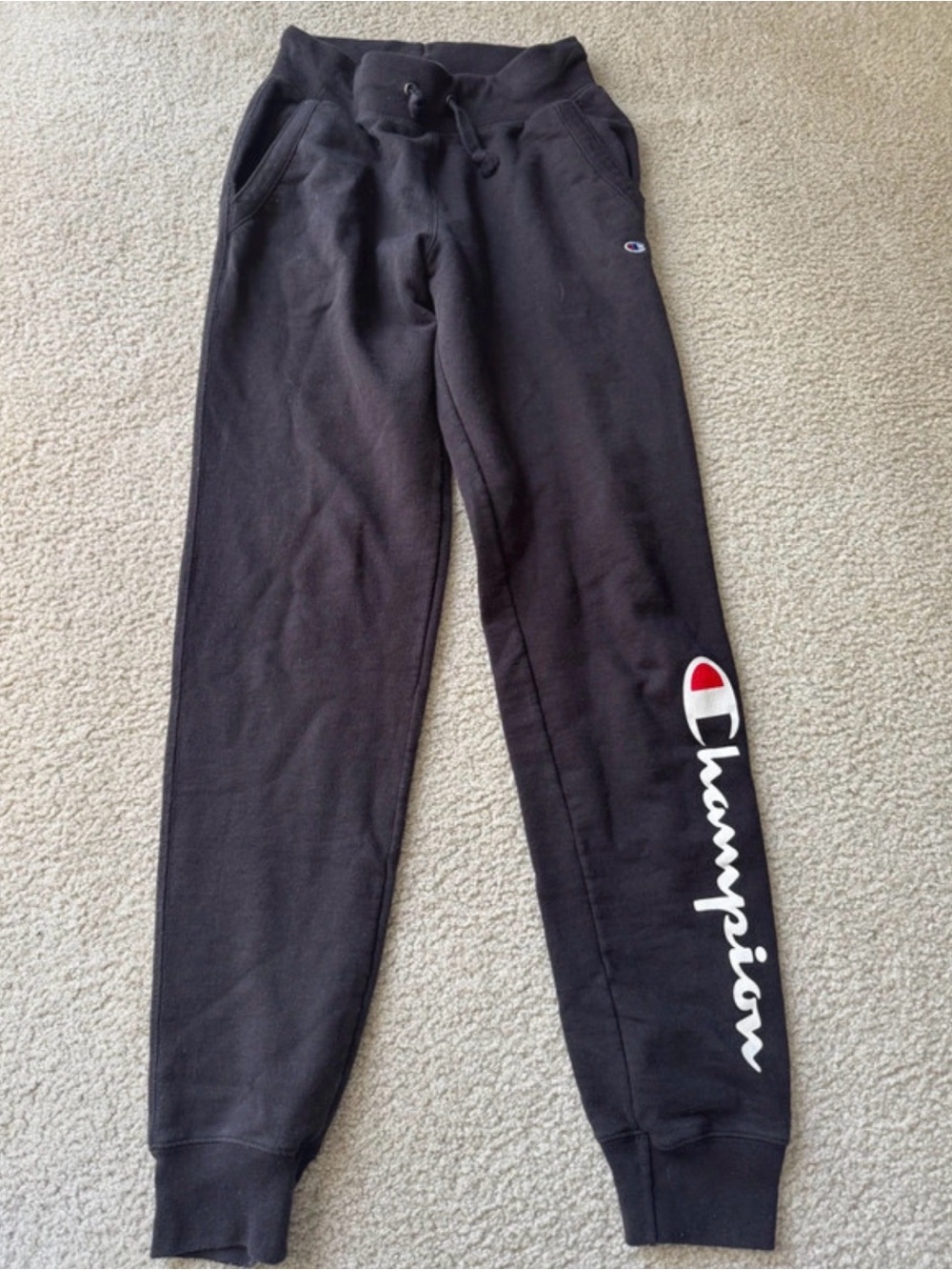 Champion Black Joggers with White Script and Red Logo - Streetwear soft